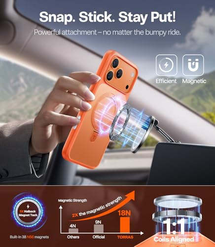 Image of TORRAS for iPhone 17 Pro Case Magnetic Stand, 4X Military Drop Protection | Fit for MagSafe, Camera Control, Slim Phone Case for iPhone 17 Pro with Kickstand, Translucent Matte Cover 6.3 inch Cosmic Orange