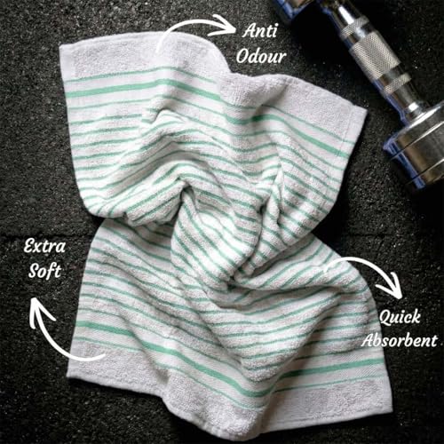 Image of Athom Living Premium Hand Towels- Cotton, 400 GSM, Ultra Soft, Quick Dry, Highly Absorbent | for Hand, Kitchen and Gym | 60 * 40 cm, Pack of 4 (White with Brown & Sea Green Stripes)