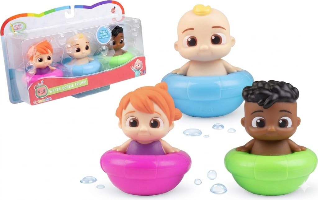 CoComelon - Juego de 3 juguetes flotantes para piscina y baño, incluye JJ, Cody y YoYo, con licencia oficial, juego de figuras de agua para natación y bañera de verano, regalo para niños pequeños,