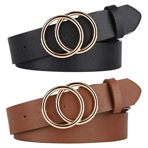 UnFader Pack 2 Women Belts for Jeans with Fashion Double O-Ring Buckle and Faux Leather Cover