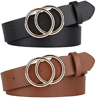 Pack 2 Women Belts for Jeans with Fashion Double O-Ring Buckle and Faux