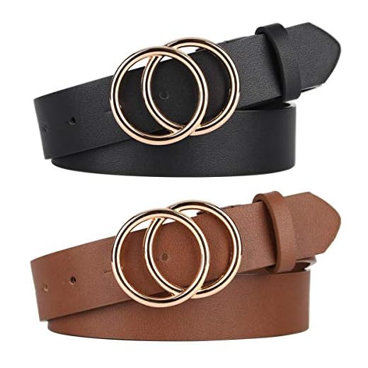 Pack 2 Women Belts for Jeans with Fashion Double O-Ring Buckle and Faux Leather (Pack 2 (Black+Chocolate Brown), XL: Fits Waist Size from 42"-47")
