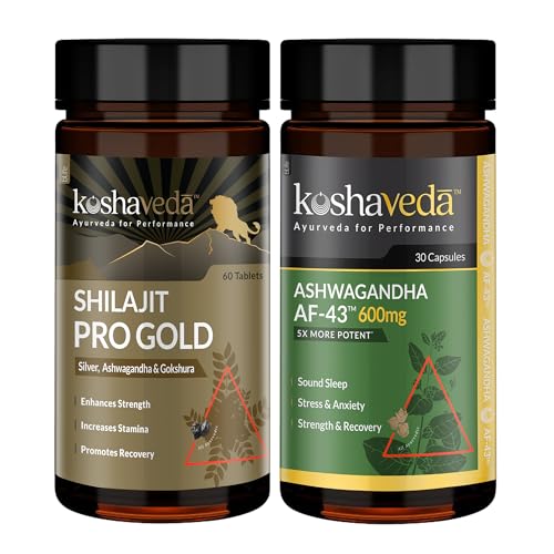 Image of Koshaveda Shilajit Pro Gold (60 Tablets) with Ashwagandha AF-43 600mg (30 Capsules) | for Strength & Recovery