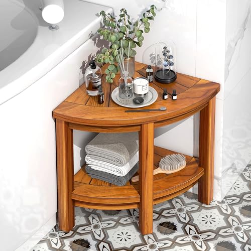 DWVO-Teak-Shower-Bench-18-Shower-Stool-Corner-Bench-with-Storage-Shelf-Corner-Seat-for-Inside-Shower-Shower-Stool-Seat-with-Non-Slip-Feet-for-Bathroom-Living-Room-Indoor-and-Outdoor-Use