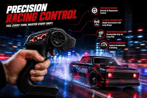 Image of RC Drift Car 1 /16 Scale 4WD Remote Control Racing Car with LED Headlights, 2.4 GHz High Speed Drift Vehicle, 7.4 V 1200 mAh Rechargeable Battery with Extra Tires for Kids and Adults