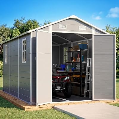 Quictent 8x10 FT Resin Storage Shed with Floor,Outdoor Plastic Storage Shed with Window & Vent, Lockable Door, Heavy Duty Tool Shed for Patio Bike Lawn Mower Pool Supplies.(7.2X9.4FT Base)