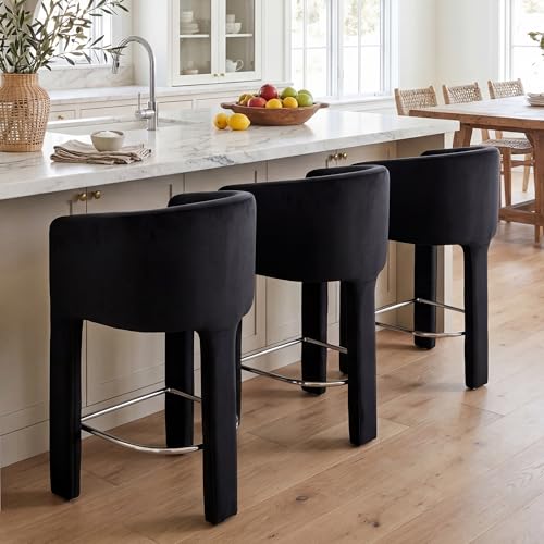 Image of HNY Modern Barrel Bar Stools Set of 3, 26 Inch Upholstered Velvet Counter Height Barstools with Back and Armrests, for Kitchen Island, Home Bar, Dining Room, No Assembly, Black