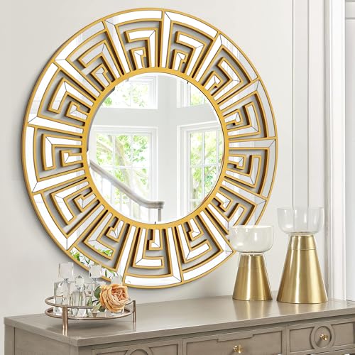 Large 35.5″x35.5″ Round Mirrors for Wall Decor with Gold Geometric Pattern, Beveled Edge, Gold Decorative Mirror for Retro Living Room, Stylish Entryway, Bedroom and Bathroom