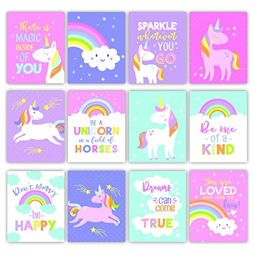 Image of Hadley Designs 6 Unicorn Room Decor for Girls Bedroom - Unicorn Wall Decor Posters for Kids, Reversible Unframed Wall Art Pictures for Toddlers & Girls Bedroom Decors, Made in USA