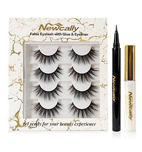 False Eyelashes with Glue and Eyeliner, Newcally False Lashes Kit 4 Pairs with Liquid Eyeliner and Eyelash Glue