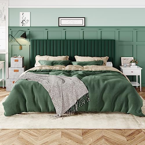 Image of Allewie King Bed Frame, Velvet Upholstered Platform Bed with Adjustable Vertical Channel Tufted Headboard, Mattress Foundation with Strong Wooden Slats, Box Spring Optional, Easy Assembly, Green