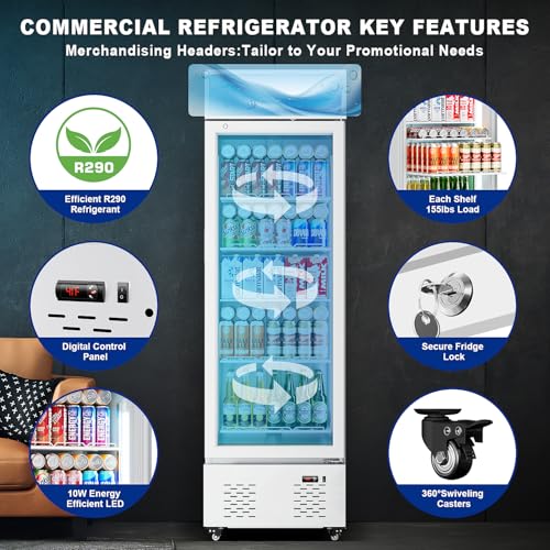Image of 22.8'' W Commercial Beverage Refrigerator, 11 Cu.Ft Glass Door Drink Cooler with Soft Light and 5 Shelves, Display Refrigerator for Restaurant Store Cafe Bar, White