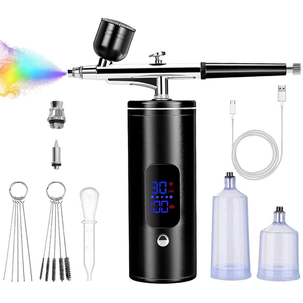 Kit de aerógrafo con compresor, portátil, recargable, inalámbrico, de alta presión, con boquilla de 0.35 mm, pantalla de alimentación y cepillo de limpieza, para pintura, arte de uñas, maquillaje