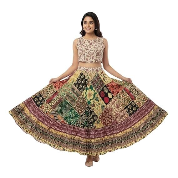 Image of HARSHITA-Enterprises Jaipuri Women's Cotton Printed Elastic Long Skirts