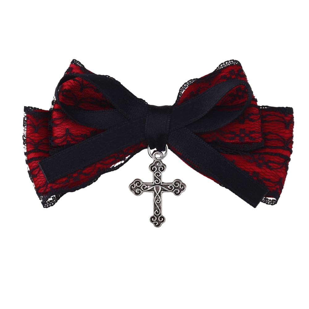 Gothic Lace Bow Hair Clip with Cross Pendant Halloween Cosplay Hair Accessories for Women Red Black Bowknot Hairclip for Girls Goth Halloween Party Hairpins