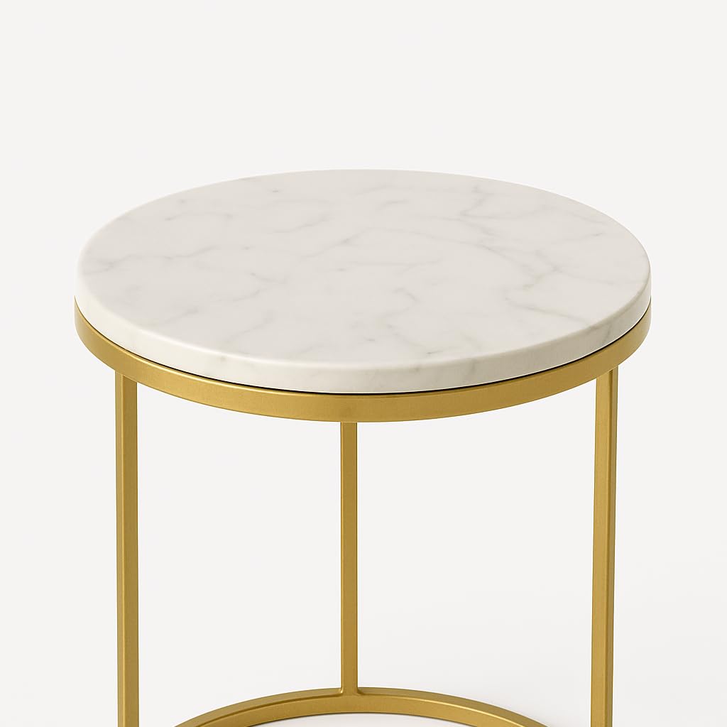Generico DOMUSTREND Set 2 Tavolini da Salotto Rotondi, Piano Effetto Marmo Bianco e Base Oro, 44x44x40 cm e 34x34x35 cm, Stile Moderno Scandinavo