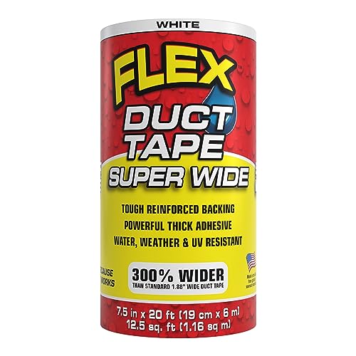 Flex Duct Tape, Super Wide, 7.5 Inches x 20 Feet, White, Heavy Duty Strong, Multi-Surface, Water, Weather and UV Resistant, Tearable, Perfect for Boxes, No Residue