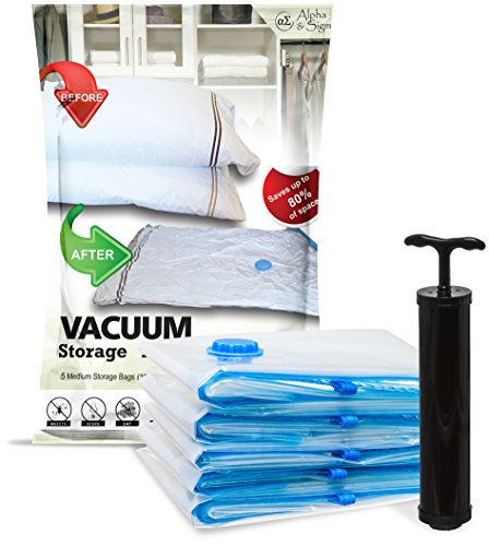 Alpha & Sigma 5 Vacuum Compression Storage Bags Medium Size (28 x 20 in) with Air Pump | Reusable, Ergonomic, Puncture Resistant & Waterproof | Organize Your Clothes, Optimize Suitcase Space, Enhance