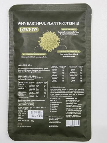 Image of Earthful Honest Plant Protein | 24g Protein /Serving & 4.9g BCCAs | For Weight Management, Energy, Muscle Support & Recovery | Made with Pea & Brown Rice | Japanese Matcha - Six Single-use Sachets