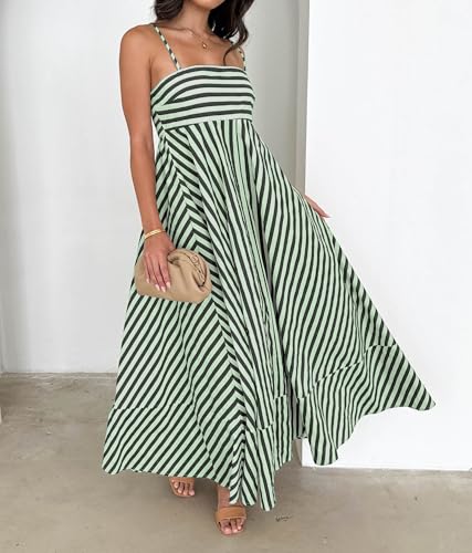 Image of Women Striped Maxi Dress Smocked Backless Spaghetti Strap Long Flowy Dress Sleeveless Boho Aline Sundress