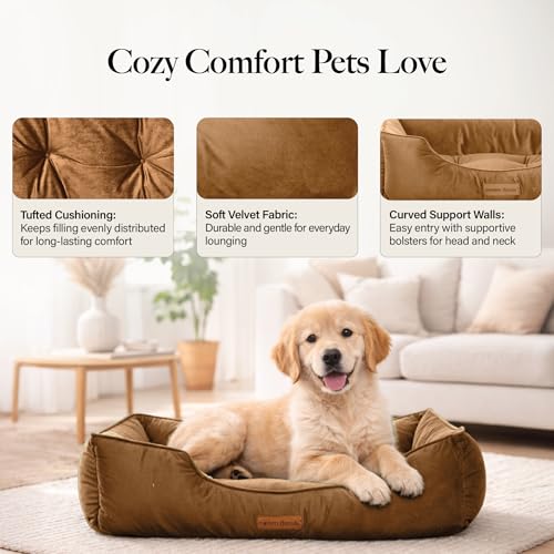 Image of Modern Threads Luxury Dog Bed - Comfortable Tufted Velvet Cushion for Small to Large Dogs - Machine Washable - Durable & Cute Sleep Space for Pets - Pamper Your Pet with Cozy Beds - Caramel