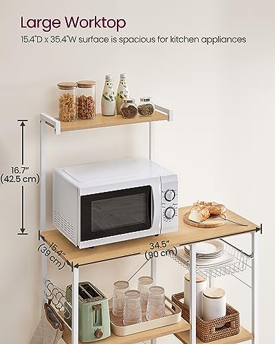 Image of VASAGLE Baker's Rack, Microwave Stand, Kitchen Storage Rack with Wire Basket, 6 Hooks, and Shelves, for Spices, Pots, and Pans, Golden Oak and Cloud White UKKS035W09