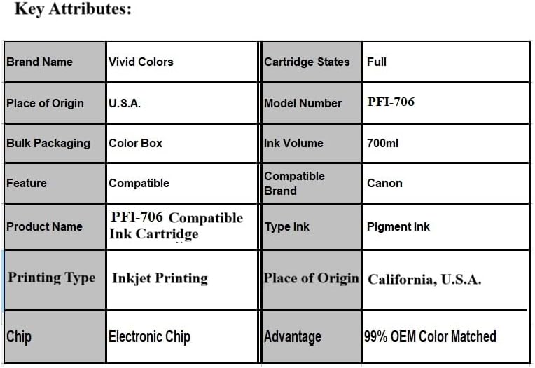 Vivid Colors VC PFI-706 Yellow Ink Cartridge for Canon PFI-706Y (700ml, Yellow) for Canon imagePROGRAF 8400s 8400se 9400s 8400 9400 Printer.