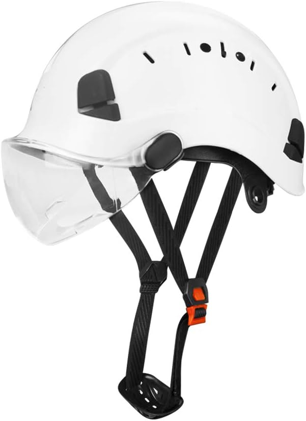 Adjustable Safety Hard Hat ANSI Z89.1 Approved ABS Comfortable Helmet with White Retractable Visor 6-Point Harness for Construction Industrial Outdoor Work(White,Clear Visor)