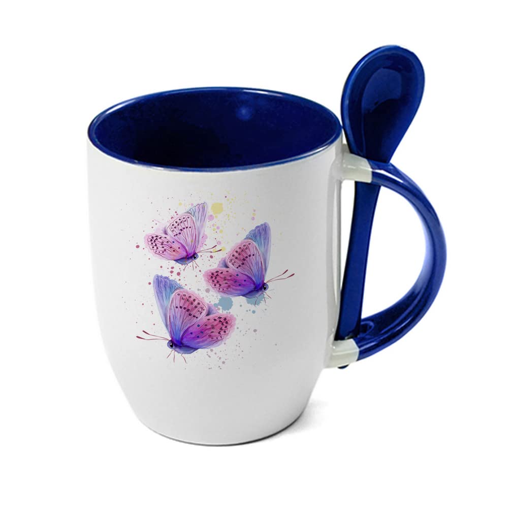 Getagift Butterfly Butterflies Design Water Colour Painting Rainbow Art Birthday, Christmas, Secret Santa Coffee Tea Cocoa Soup Daily use Inside Coloured with Spoon Coffee Mug. (Blue)