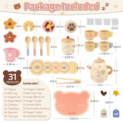 Image of Wooden Tea Set for Little Girls Birthday Gift 3 4 5 Year Old Tea Party