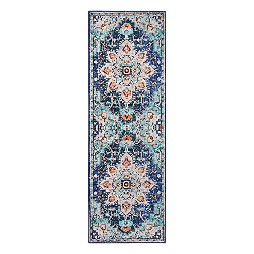 Morebes Bohemian Ultra-Thin Washable Blue 2X6 Hallway Runner Rug, Non-Slip Bathroom Runner Persian Medallion Laundry Rug Low Pile Throw Mat, Oriental Non-Shedding Runner Carpet For Entry Bedroom #TOP5