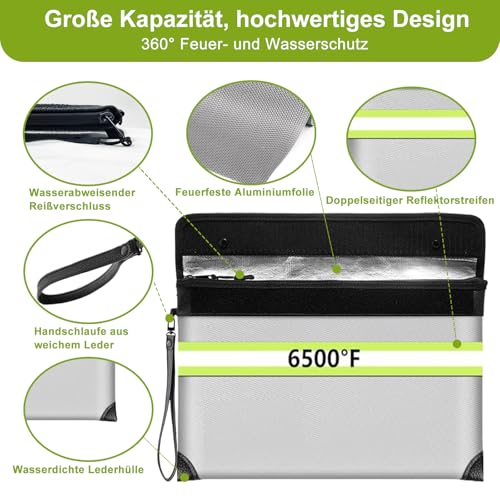 6500 °F Verbesserter Feuerfester Geldbeutel mit Wasserdichtem Reißverschluss für Bargeld,10 Schichten Wärmeisoliertes Material/Reflexstreifen,Feuerfester Beutel mit Griff für Wichtige Dokumente