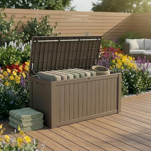Image of 198 Gallon Resin Deck Box - Finally, a Lockable Outdoor Storage That Fits Everything (Cushions, Tools, Pool Gear & BBQ) - Weatherproof Wood Grain Design for Patio, Garden, Office, Home Indoor Outdoor