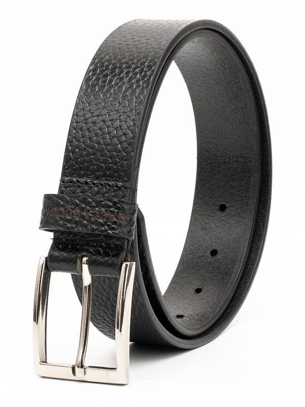 Image of Bacca Bucci Men's Leather Belt 35 mm for Formal & Casual Wear, Textured Black & Tan Strap with Metallic Pin Buckle, Classic Everyday Office Belt for Men