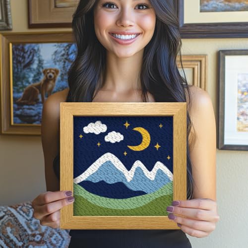 Image of BEUNITONE 2 Sets Camping Punch Needle Kit for Beginners Scenery Theme Punch Embroidery Kits with Frame Instructions Embroidery Starter Kits with Art Night Pattern for Wall Painting 9.4'' x 9.4''
