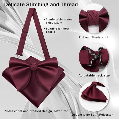 Image of Mens Bow Tie Pre Tied Oversized Bow Ties for Men Satin Bowties for Tuxedo Wedding Party Banquet