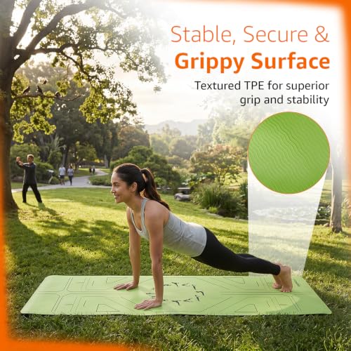 Image of Amazon Basics Alignment TPE Yoga Mat with Yoga Strap | 6 mm Thick | Non-Slip Grippy Surface | Guide Line Alignment for Posture Accuracy | Lightweight & Durable Rubber-Like Material | Floor Protection | Ideal for Yoga, Pilates & Fitness | 183 X 61 cm | Emerald