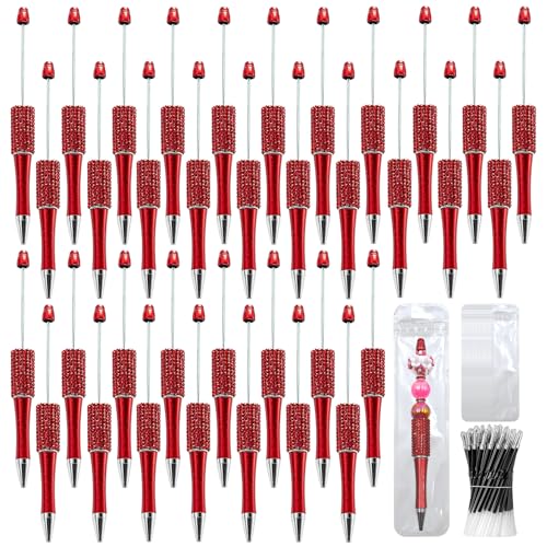 Image of 75 Pcs DIY Diamond Beadable Pen Kit - 25 Plastic Rhinestone Beaded Pens Bulk with Refills & Bags - Fancy Cute Glitter Pens for Crafting, Students & Teachers - School Supplies (Red)