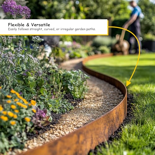 Image of Corten Steel Metal Lawn Edging 10 Metre (33ft), Roll, Pre-Rusted Metal Garden Edging 14 cm High, Easy to install Garden Edge Border, Safety Gloves Included (RUST, 10M)