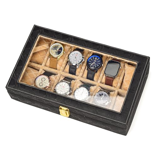 Image of NAAZS Trendy Watch Box Organizer for Men & Women Black Leatherette Watch Storage Case with Transparent Lid Holds 12 Watches Stylish Wrist Watch Display,Organizer,Case,Box