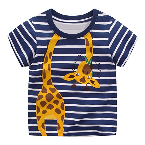 EULLA Kinder T-Shirt Baumwolle Streifen Feuer Cartoon Auto Muster Jungen Mädchen Kurzarm Oberteil Pullover Größe (104, Blaue Giraffe) Cover