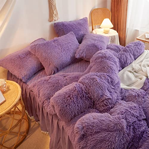 Haihua Fluffy Purple Comforter Cover Queen Set，Faux Fur Purple Comforter Set 3 Pieces(1 Plush Duvet Cover +2 Shaggy Pillowcases) Faux Fur Purple Bedding Sets Queen,Solid Color (Purple, Queen) #TOP2