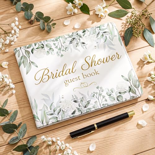 Image of Patelai Bridal Shower Guest Book Sage Green Wedding Anniversary Party Decorations Bridal Shower Leather Guest Book with Pen, 112 Pages