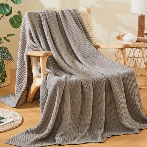 EMME Cotton Muslin Queen Blanket Bed Layering Bedspread Coverlet Breathable Gauze Soft Lightweight Blankets (Heather Brown, 90"x90")