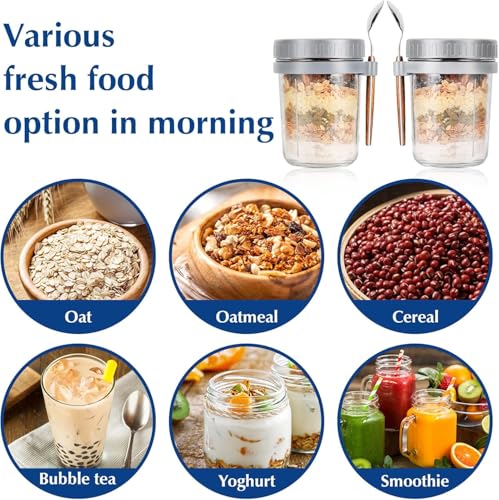 Image of PATZY 350 ml Oats Container With Lids And Spoon set of pc Glass Mason Jars For Overnight Oats Leak Proof Container with Measurment For Cereal Fruit Vegetable Milk Salad Yogurt (Multicolor) (1)