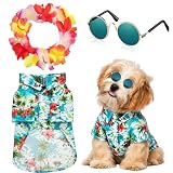 Hawaii Shirt Hunde, 3 Stück Hawaii Hemd für Hunde mit Sonnenbrille Buntem Blumenkranz, Hundehemd, Haustier Kleidung, Hundeshirts für Kleine Mittlere Hund Welpen Katze Sommer Strand Urlaub Party (Grün)