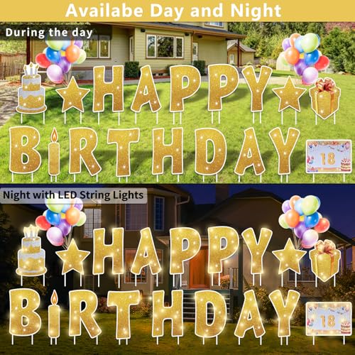 image for Rtshuok 18 Pcs Happy Birthday Yard Sign with 32.8 ft Led Light, 16” 