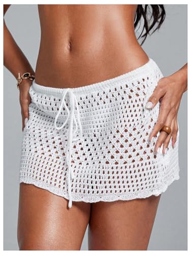 Women's Crochet Hollow Out Beach Skirts Knit Drawstring Front Sheer Mesh Swimsuit Coverups2