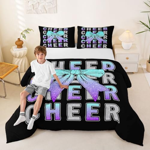 Image of Feelyou Cheer Bedding Set Soft for Boys Girls, Blue Purple Bowknot Comforter Set Toddler Size Sport Cheerleader Duvet Quilt Microfiber Cheerleading Bedroom Decor 2 Pcs with 1 Pillow Cases