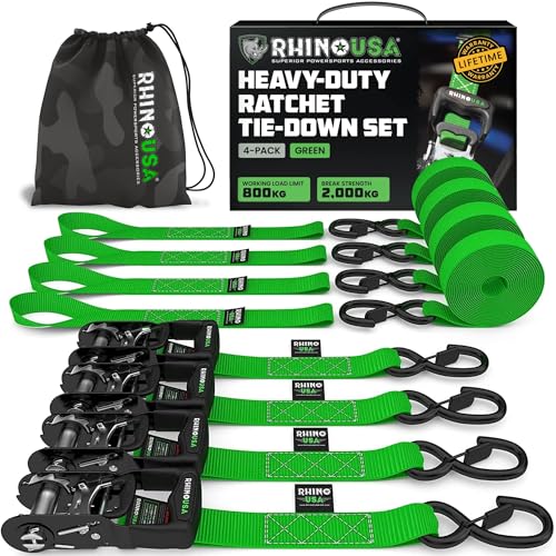 Rhino USA Lot 4 Sangles d'Arrimage à Cliquet - Résistance Rupture Max 2000 kg - Sangle a Cliquet 4cm x 2.4m Poignées Rembourrées - Sangle de Demenagement...